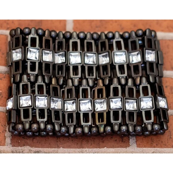 6 inch, Vintage Square Rhinestones Silver Tone Stylish Bracelet - W27 - Picture 2 of 3